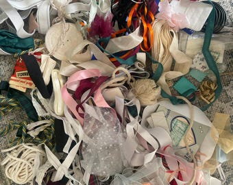 Vintage Sewing Lot: trims, beads, fabric, remnants, scraps