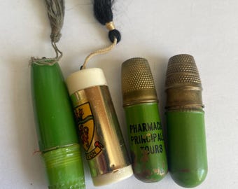 Enamel and plastic sewing etuis, thread and thimble holders