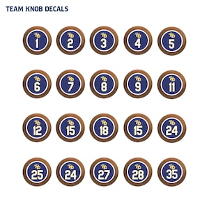 May include: Twenty-four round, blue and gold knob decals with numbers 1 through 35. The decals feature a gold Notre Dame logo.