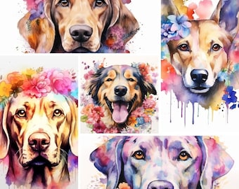 Water Color Floral Dog Clipart | Dog Art | Instant Download | Commercial Use | Printable | 400 DPI | 14X14in