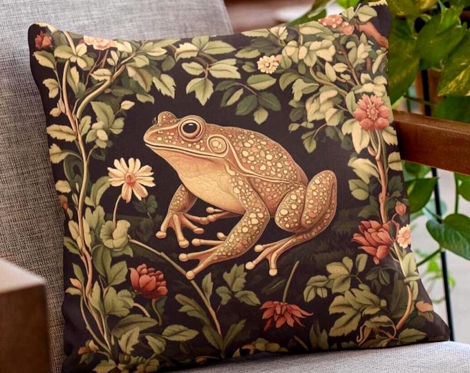 Botanical Frog Pillow, Cottagecore Throw Cushion, Vintage Floral Frog Decor, Whimsical Nature Accent