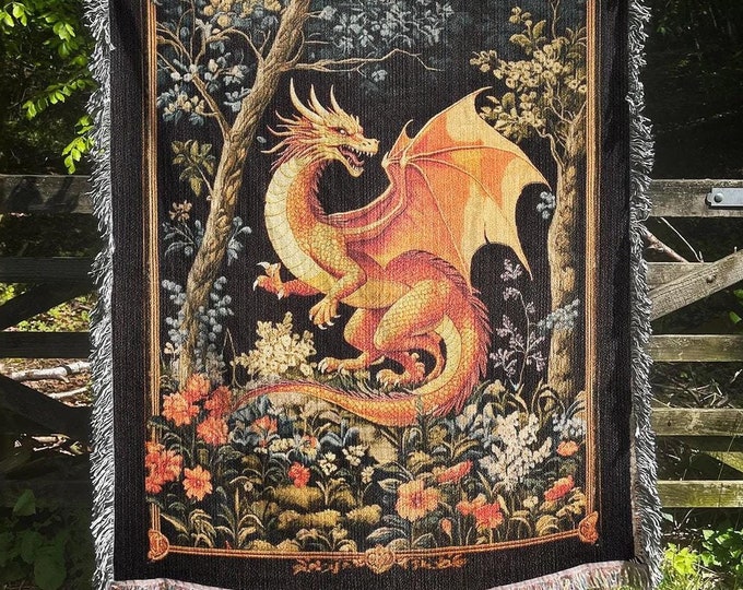 Medieval Dragon Blanket, Fantasy Dragon Lover Gift, Gothic Fairytale Inspired Decor, Cottagecore Woven Throw