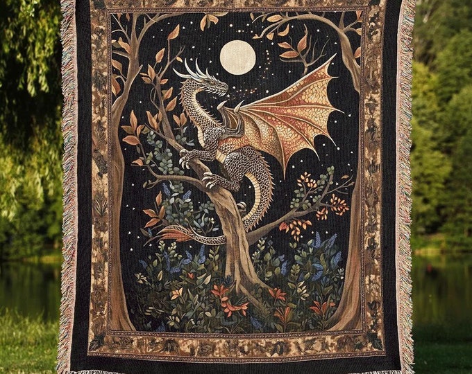 Medieval Dragon Woven Blanket, Fantasy Full Moon Dragon Lover Gift, Gothic Home Decor Tapestry