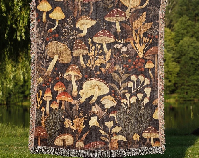 Botanical Mushroom Woven Blanket, Vintage Style Cotton Fringed Tapestry