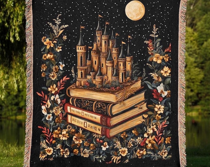 Fantasy Castle Book Blanket, Reading Lover Woven Throw, Bookish Home Decor Tapestry