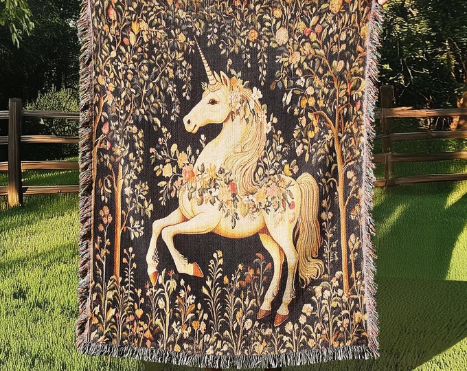 Medieval Unicorn Woven Blanket, Unicorn Lover Gift, Cottagecore Fairytale Inspired Tapestry
