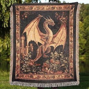 Medieval Dragon Woven Blanket, Fantasy Dragon Lover Gift, Gothic Home Decor Tapestry