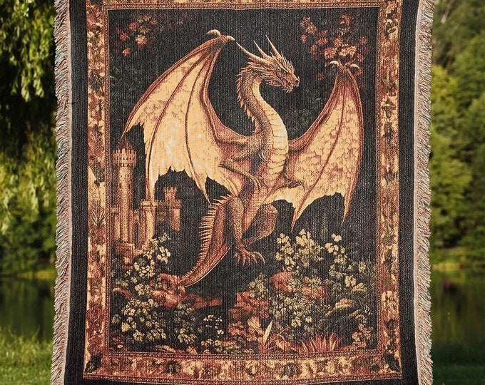 Medieval Dragon Woven Blanket, Fantasy Dragon Lover Gift, Gothic Home Decor Tapestry