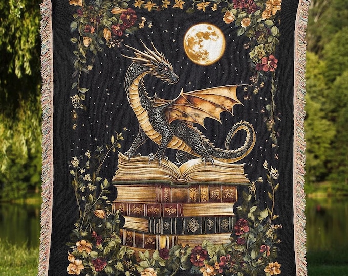 Fantasy Book Dragon Blanket, Reading Lover Medieval Woven Throw, Bookish Home Decor Tapestry