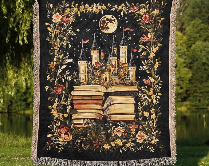 Fantasy Castle Book Blanket, Cottagecore Reading Lover Woven Throw, Bookish Home Decor Tapestry
