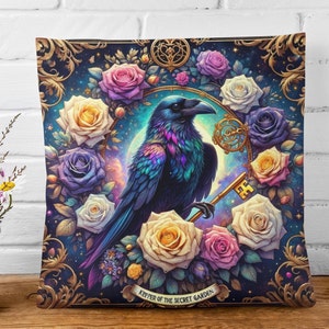 Almohada con carta del tarot del cuervo, almohada decorativa mística, decoración del hogar con astrología del tarot, regalo para amantes de las aves, para amantes del cuervo, regalo cottagecore, fairycore