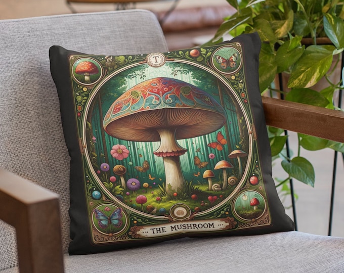 Mushroom Tarot Pillow, Cottagecore Mystical Home Decor