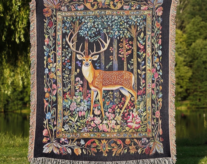 Cottagecore Deer Woven Blanket, Floral Nature Home Decor