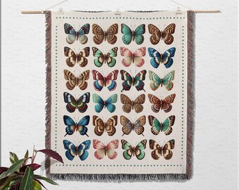 Butterfly Woven Blanket, Retro Cottagecore Throw, Botanical Tapestry