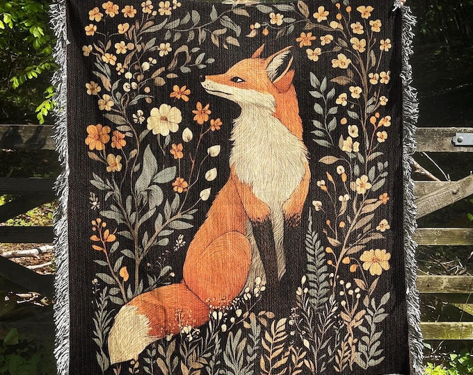 Fox Woven Tapestry Blanket, Retro Cottagecore Home Decor, Floral Vintage Housewarming Gift for Fox Lovers