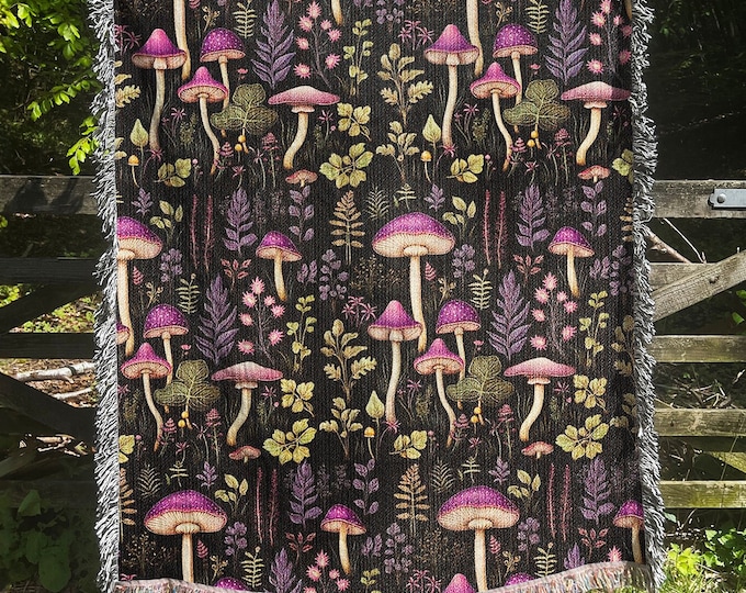 Botanical Mushroom Woven Blanket, Retro Cottagecore Home Decor