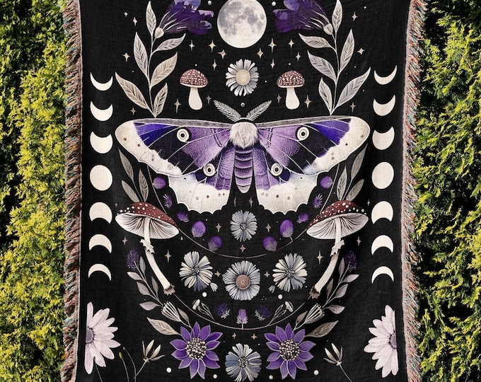 Moon Phase Moth Woven Blanket, Witchy Cottagecore Tapestry