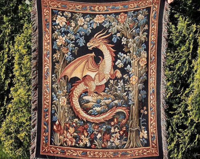 Medieval Dragon Blanket, Fantasy Dragon Lover Gift, Gothic Fairytale Inspired Decor, Cottagecore Woven Throw