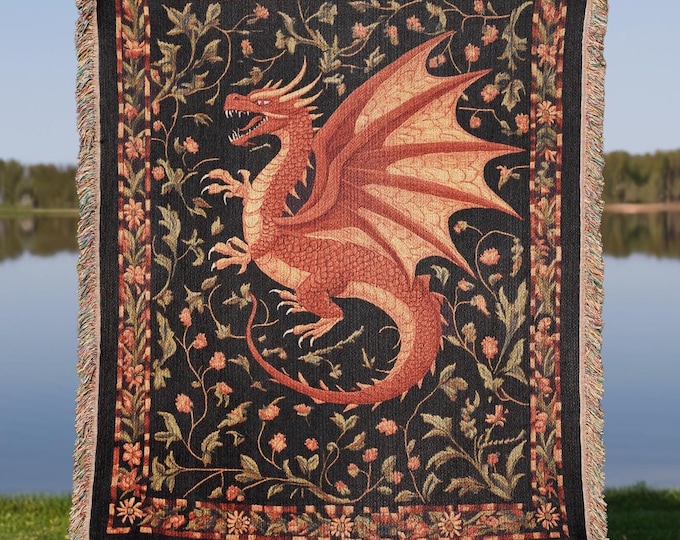 Medieval Dragon Blanket, Fantasy Dragon Lover Gift, Gothic Fairytale Inspired Decor, Cottagecore Woven Throw