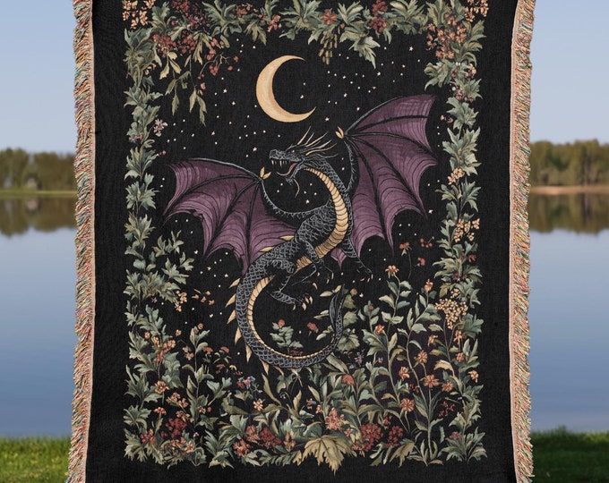 Medieval Dragon Blanket, Fantasy Dragon Lover Gift, Gothic Fairytale Inspired Decor, Cottagecore Woven Throw
