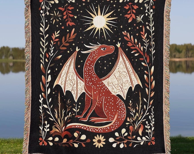 Dragon Woven Blanket, Celestial Dragon Kids Room Decor, Retro Fantasy Lover Gift Throw