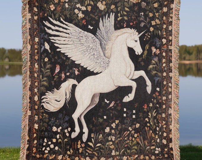 Winged Unicorn Woven Blanket, Cottagecore Tapestry, Floral Decor