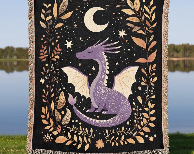 Dragon Woven Blanket, Celestial Dragon Kids Room Decor, Retro Fantasy Lover Gift Throw