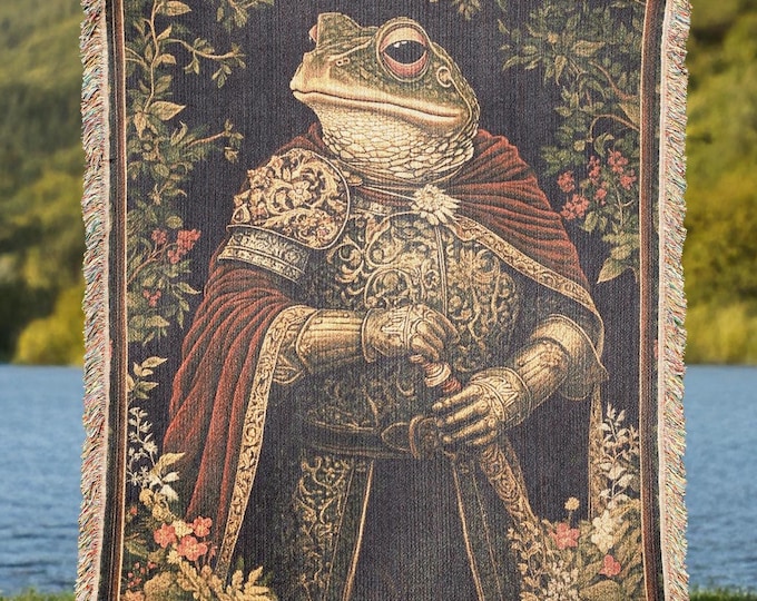 Medieval Warrior Frog Woven Cotton Blanket, Fantasy Tapestry