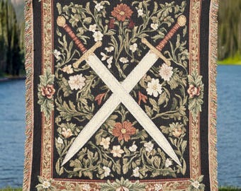 Medieval Sword Tapestry Blanket, Woven Floral Gothic Wall Art, Fantasy Crossed Swords Decor, Warrior Aesthetic Throw Blanket, DnD Lover Gift