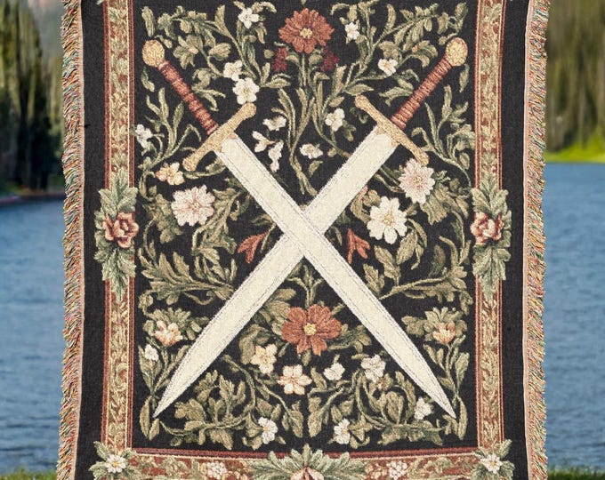 Medieval Sword Tapestry Blanket, Woven Floral Gothic Wall Art, Fantasy Crossed Swords Decor, Warrior Aesthetic Throw Blanket, DnD Lover Gift