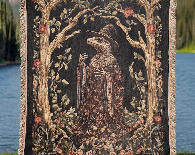 Wizard Gecko Woven Tapestry Blanket, Magical Home Decor