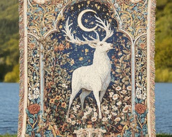 Moonlit Stag Woven Tapestry Blanket – Celestial Gothic Forest Deer Decor, Mystical Throw for Bed or Wall, Mythical Gift for Her or Him