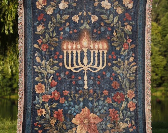 Jewish Menorah Woven Blanket, Hanukkah Tapestry Home Decor, Vintage Gift Throw for Judaism