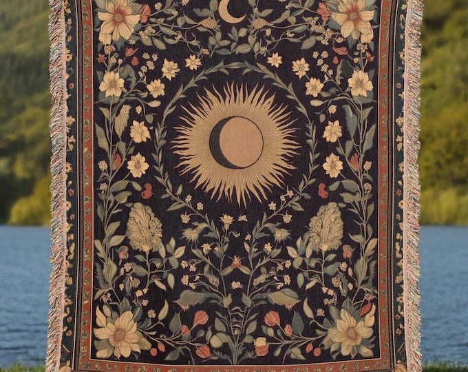Celestial Sun and Moon Blanket, Ethereal Cottagecore Tapestry, Mystical Floral Throw, Artisan Botanical Wall Decor