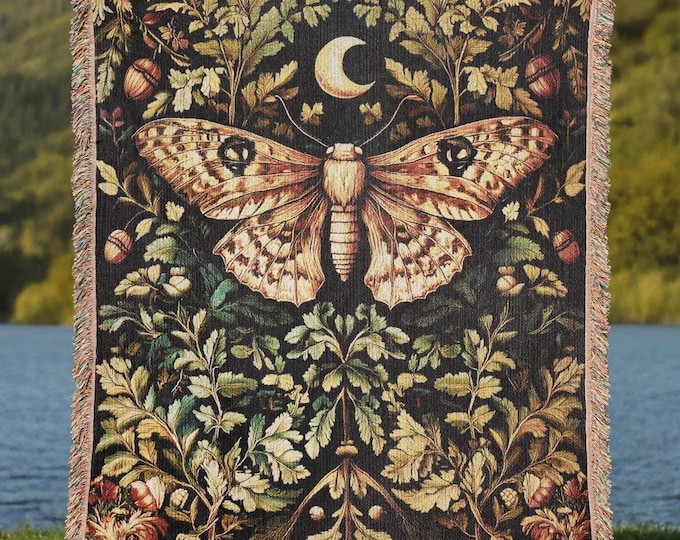 Witchy Moth Woven Blanket, Cottagecore and Dark Academia Throw, Celestial Decor Tapestry for Goblincore Lovers, Moth and Moon Lover Gift