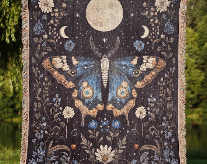 Celestial Moth Woven Blanket, Moon Phases, Cottagecore Decor