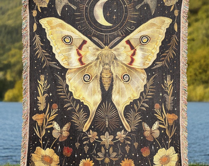 Celestial Luna Moth Woven Blanket, Cottagecore Woven Gift, Astrology Moon Phases Throw, Witchy Decor, Dark Academia Wall Tapestry