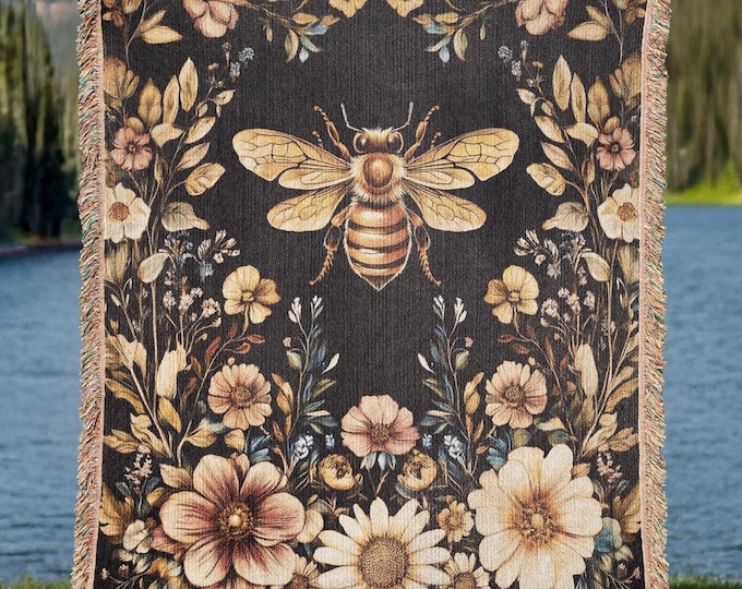 Floral Bee Woven Cotton Blanket, Nature Tapestry