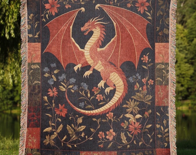 Fantasy Dragon Woven Blanket, Medieval Dragon Lover Gift, Gothic Home Decor Tapestry