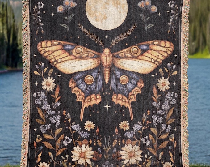 Celestial Moth Woven Cotton Blanket, Moon Phases Tapestry