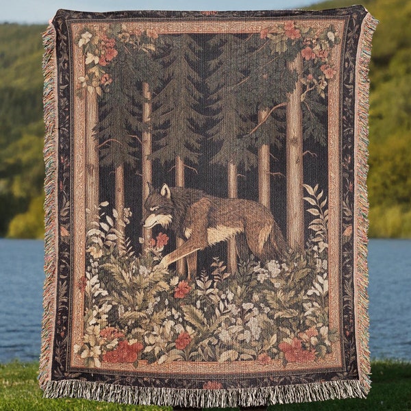 Vävd filt för varg, dekoration för barnrum med vilda djur, retro present till vargälskare, vävgåva för naturälskare