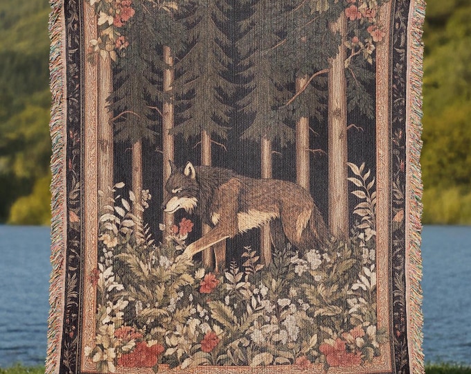 Forest Wolf Woven Blanket, Wildlife Kids Room Decor, Retro Wolf Lover Gift Throw, Tapestry Gift for Nature Lover