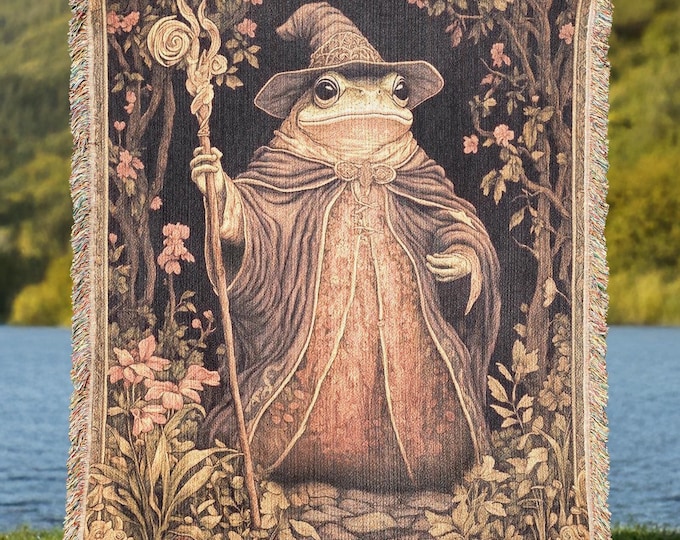 Wizard Frog Woven Blanket, Frog Lover Medieval Woven Throw, Magical Fantasy Home Decor Tapestry