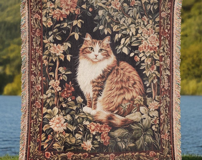 Maine Coon Cat Woven Tapestry Blanket, Floral Cottagecore Decor