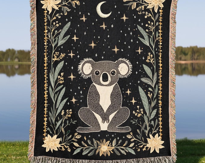 Koala Woven Tapestry Blanket, Floral Moon, Cottagecore Decor