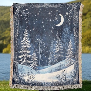 Mystical Winter Woven Blanket - Celestial Snowy Forest Throw Blanket, Enchanted Moon and Stars Decor, Cozy Winter Blue Tapestry