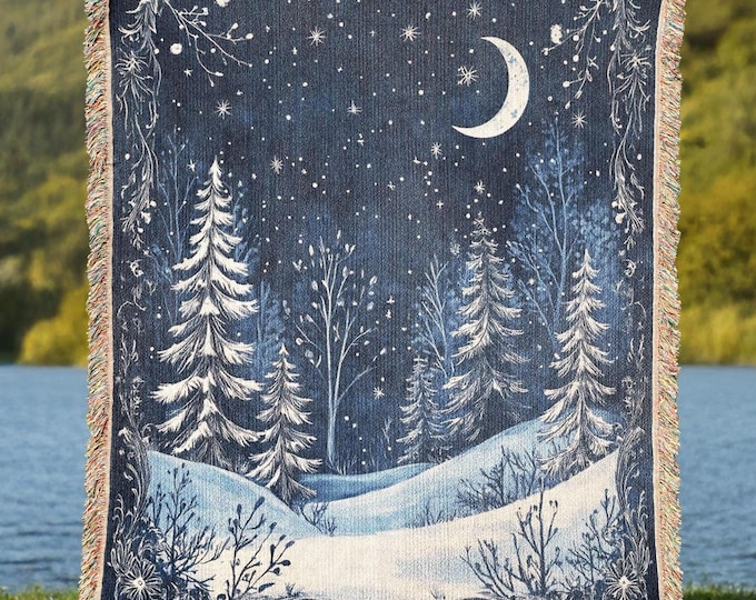 Woven Cotton Winter Blanket – Celestial Forest, Moon & Stars