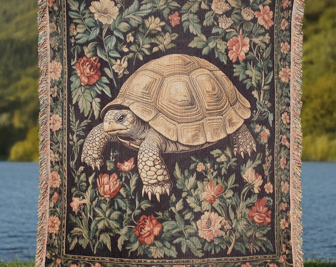 Floral Tortoise Woven Blanket, Boho Wildlife Throw