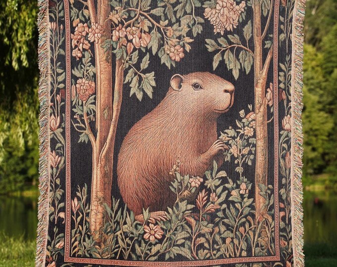 Floral Capybara Woven Blanket, Vintage Style Throw