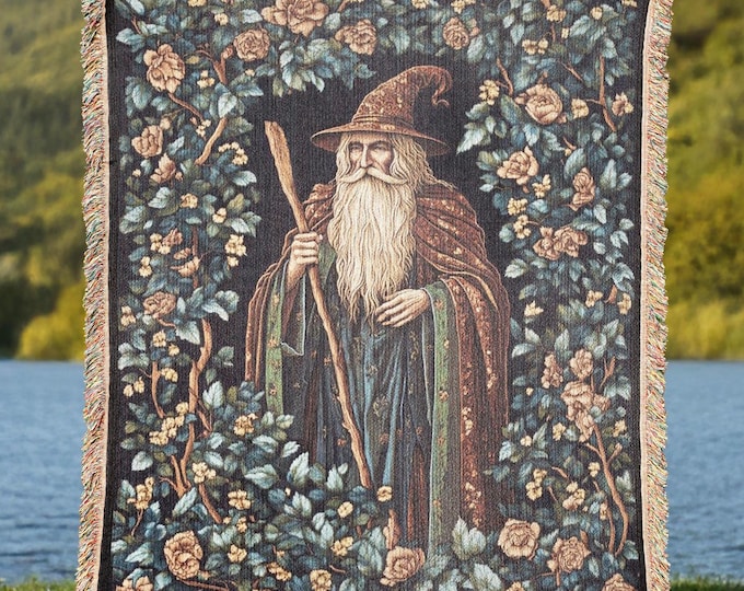 Wizard Merlin Woven Blanket, Wizardry Lover Medieval Woven Throw, Magical Fantasy Home Decor Tapestry